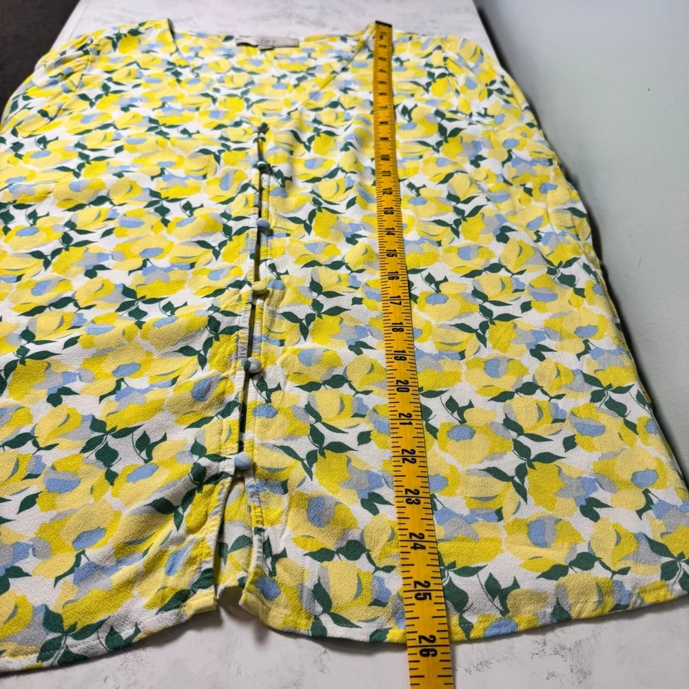 Loft Yellow Blue Floral V-Neck Button Front Blouse Size L